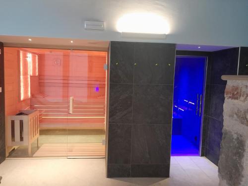 baño con ducha a ras de suelo y puerta de cristal en Hotel Mia Cara & Spa, en Florencia