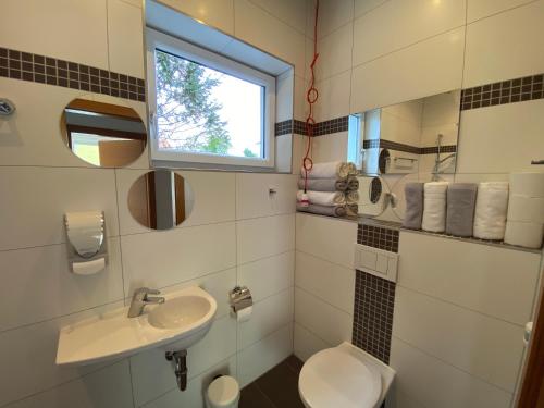 a bathroom with a sink and a toilet and a window at „1. SALZBURG work & sleep luxury apartment“ für arbeiten & wohnen ! in Salzburg