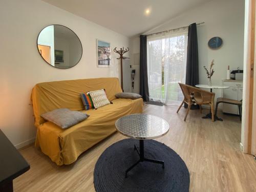 un salon avec un canapé, une table et un miroir dans l'établissement Ilbarritz, T2 proche plage/parking/terrasse, à Bidart