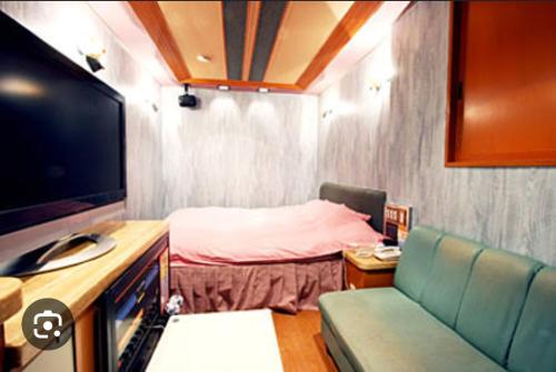 綾部市にある綾部アイネのベッド、テレビ、ソファが備わる小さな客室です。