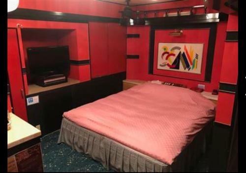 ein rotes Schlafzimmer mit einem Bett und einem Flachbild-TV in der Unterkunft 綾部アイネ in Ayabe