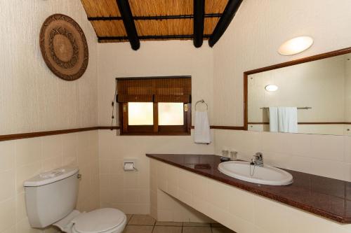 een badkamer met een toilet, een wastafel en een spiegel bij Kruger Park Lodge Unit No. 216 in Hazyview