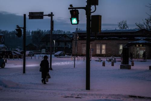 a person walking through a snow covered street with a traffic light at 美瑛森林木屋 - 小紅帽 in Biei