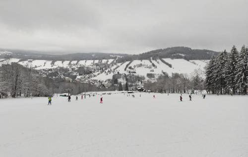 a group of people skiing down a snow covered slope at Apartmány StudenOFF in Rokytnice nad Jizerou