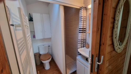 La petite salle de bains est pourvue de toilettes et d'un lavabo. dans l'établissement L'orée du bois, à Hennebont