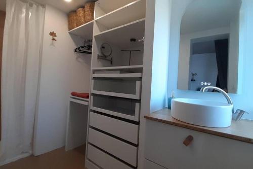 une salle de bain avec un lavabo et un miroir dans l'établissement Villa les Roses, à Capbreton