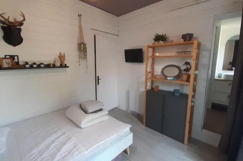 Cette chambre comprend un lit, un miroir et une étagère. dans l'établissement Villa les Roses, à Capbreton