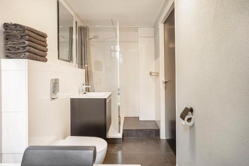 ein weißes Bad mit einem WC und einem Waschbecken in der Unterkunft Het Koetshuis in Ruurlo