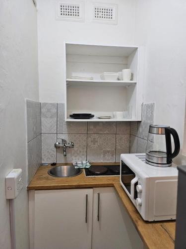 a small kitchen with a sink and a microwave at Dunrobyn Court Tempo Stay in East London