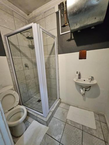 a bathroom with a shower and a toilet and a sink at Dunrobyn Court Tempo Stay in East London