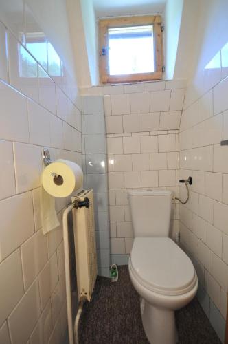 a small bathroom with a toilet and a window at Chata Repiská in Belá