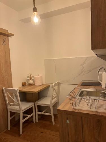 eine Küche mit Tisch und Stühlen und einer Spüle in der Unterkunft Studio M in Kopaonik