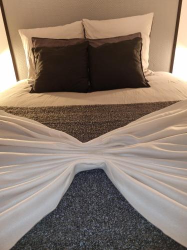 a bed with a white sheet on top of it at Appartement Tours centre in Tours
