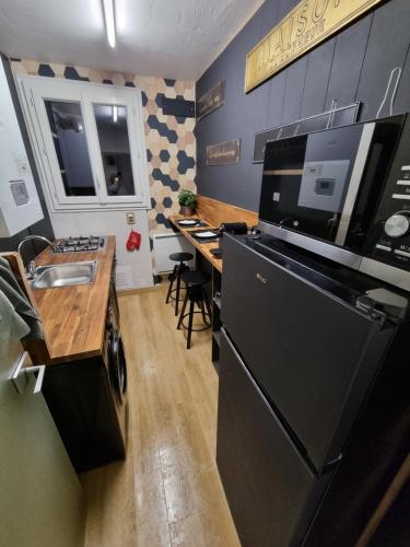 une petite cuisine avec un évier et un réfrigérateur dans l'établissement Appartement Tours centre, à Tours