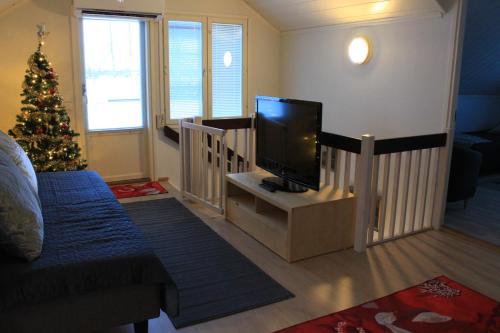 a living room with a christmas tree and a television at Villa Koivikko in Rovaniemi