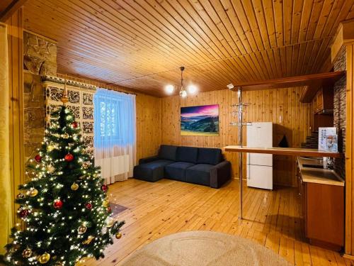 a christmas tree in a living room with a couch at Villa Alpiyka in Slavske