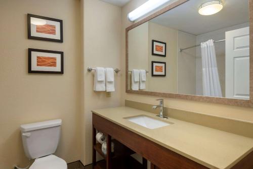 a bathroom with a sink and a toilet and a mirror at Comfort Inn & Suites, Odessa I-20 in Odessa