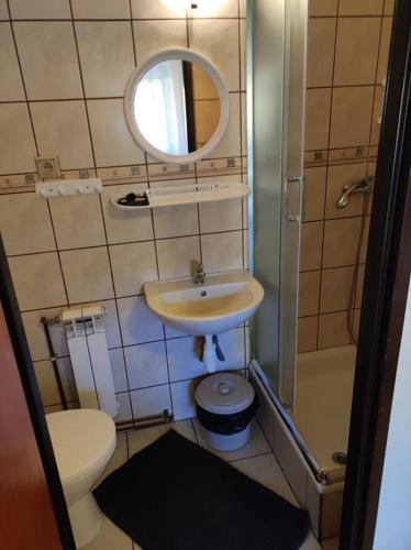 a bathroom with a sink and a toilet and a mirror at DG EWA w Polańczyku in Polańczyk