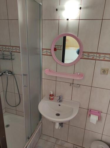 a bathroom with a sink and a mirror and a shower at DG EWA w Polańczyku in Polańczyk