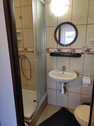 a bathroom with a sink and a shower and a mirror at DG EWA w Polańczyku in Polańczyk