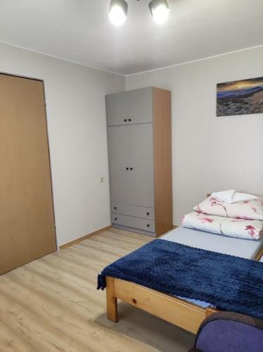 a bedroom with a bed and a cabinet in it at DG EWA w Polańczyku in Polańczyk