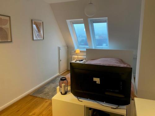 a living room with a television on a table at Eutin Wohnung Rosenstadt in Eutin