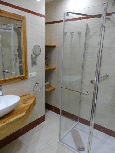 a bathroom with a glass shower and a sink at Casa Felicitas Medina in Medina del Campo