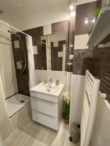 une salle de bain avec un lavabo, des toilettes et une douche dans l'établissement Studio cosy à 200m de la plage, à Ouistreham