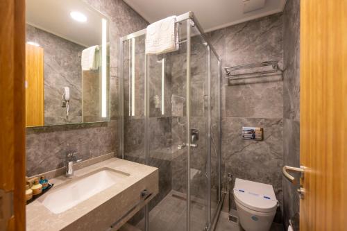 Un baño con ducha, lavabo e inodoro. en Hotel Ravi, en Estambul