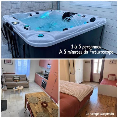 a large tub in a living room and a kitchen at Le temps suspendu - Futuroscope in Jaunay-Clan