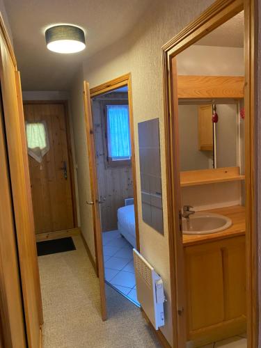 une petite salle de bain avec un lavabo et un miroir dans l'établissement Superbe studio Morillon Village / Samoëns, à Morillon