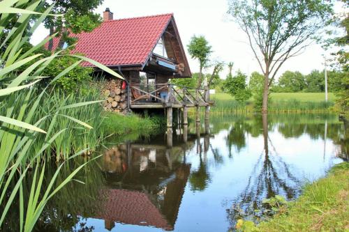 ein Gebäude mit einer Brücke über einen Teich mit einem Haus in der Unterkunft Kaimo sodyba Dešimt Beržų 