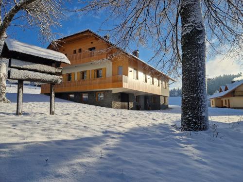 ein Gebäude im Schnee mit einem Baum in der Unterkunft Farm Stay Ramšak in Zreče