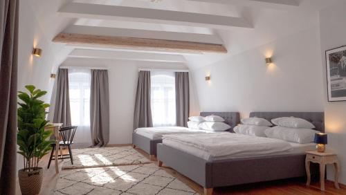 una camera con due letti e pareti e finestre bianche di Smile Apartments "Weinhimmel" a Krems an der Donau