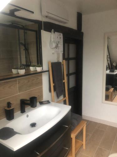 a bathroom with a white sink in a room at Le Relais du Biau Ri en famille ou entre amis in Clairfayts