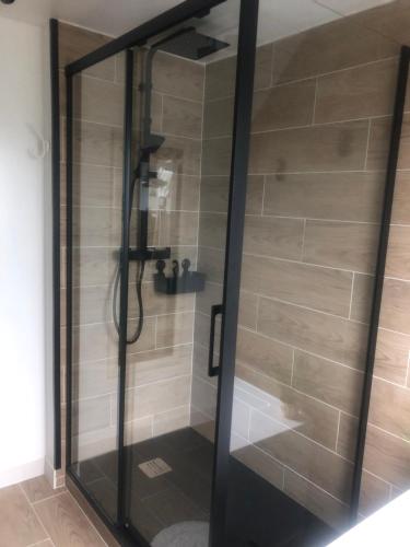a shower with a glass door in a bathroom at Le Relais du Biau Ri en famille ou entre amis in Clairfayts