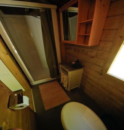 a small bathroom with a toilet and a window at Domaine La Faix, Gite La Cigogne in Saint-Plaisir