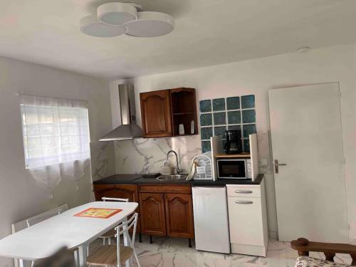 een keuken met een witte koelkast en een tafel bij Studio CARPE DIEM in Romilly-sur-Seine
