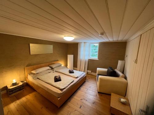 a bedroom with a large bed and a chair at Wood Lodge in Dornbirn