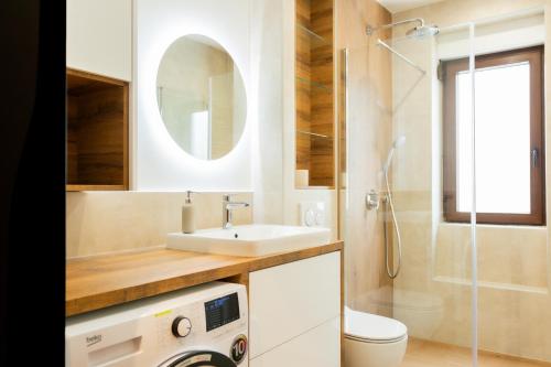 a bathroom with a sink and a toilet and a shower at My Tarvisio home in Tarvisio