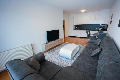 - un salon avec un canapé et une télévision dans l'établissement EMEOS Apartments, à Peje
