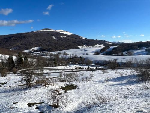 a snow covered hill with a mountain in the background at Apartament pod Honem in Cisna