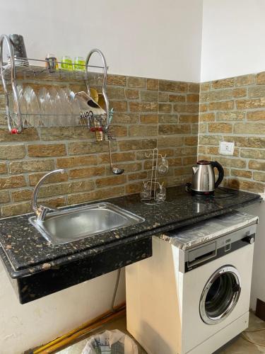 a kitchen with a sink and a washing machine at Sunny airport studio New Cairo in Cairo