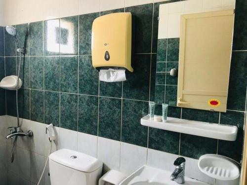 La salle de bains est pourvue de toilettes, d'un lavabo et d'un miroir. dans l'établissement Lulu guest house, à Ras al Khaimah