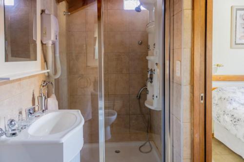 a bathroom with a shower and a sink and a toilet at Del Sur Apart in Esquel