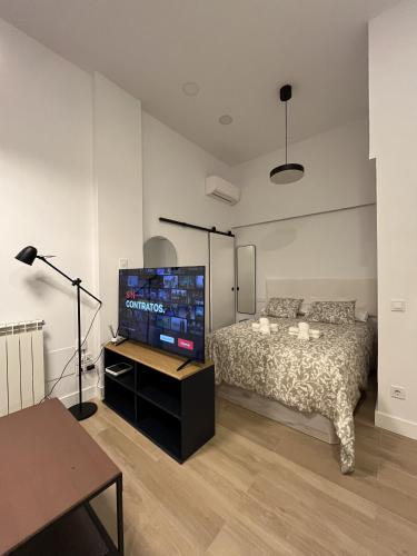 um quarto com uma cama e uma televisão de ecrã plano em Moratalaz Apartments em Madri