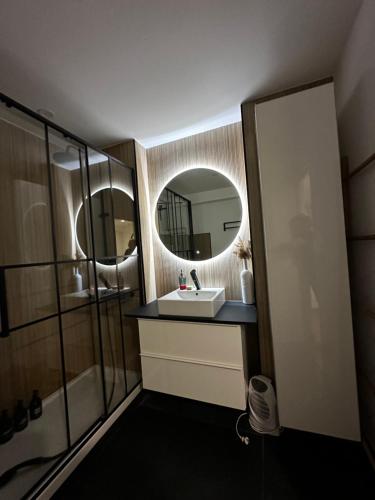 a bathroom with a sink and a mirror at Appartement Port Marianne/Arenes in Montpellier