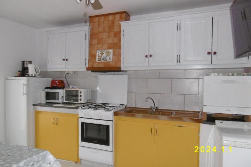 une cuisine avec des armoires et des appareils blancs et jaunes dans l'établissement rez de chaussée studio climatisé dans villa, à Aigues-Mortes