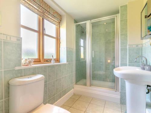 a bathroom with a toilet and a sink and a shower at The Stables 