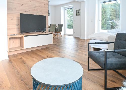 ein Wohnzimmer mit einem TV und einem Sofa in der Unterkunft Arton Lachtal - Apartments Steiermark in Lachtal